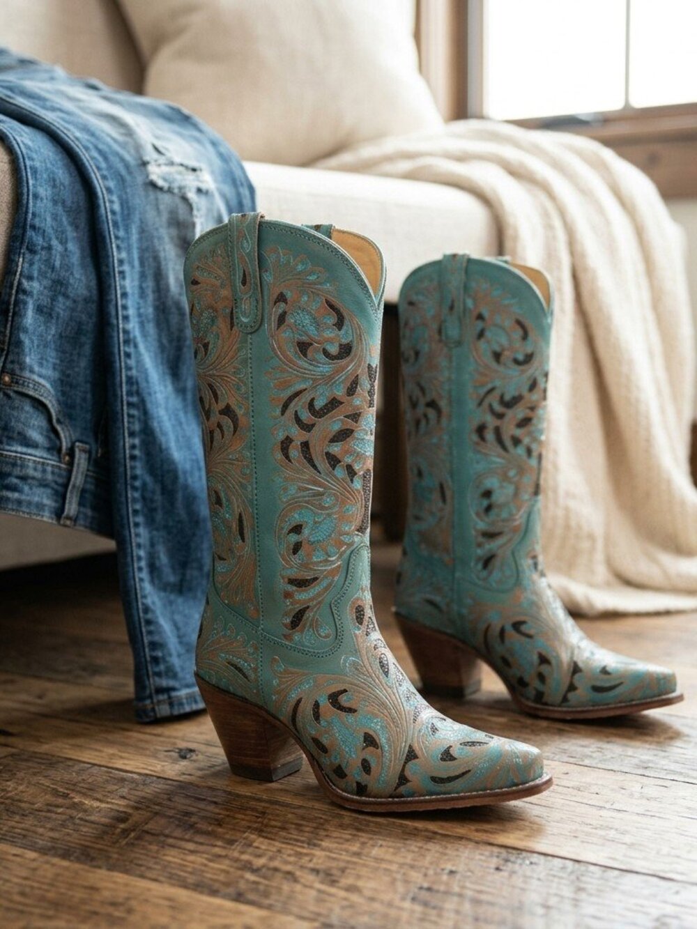 Turquoise Tooled Western Kasiopeah Boots